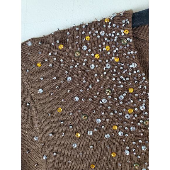 Club Monaco Womens Small Cardigan Sweater Beaded Neckline Silk Lightweight Brown - Picture 2 of 10